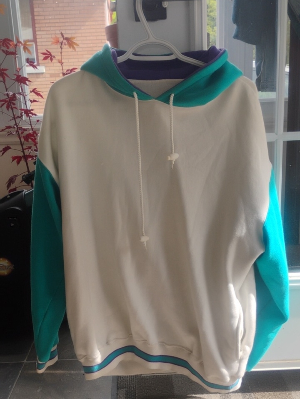 Men's Cream & Teal Hooded Pullover Sweatshirt
